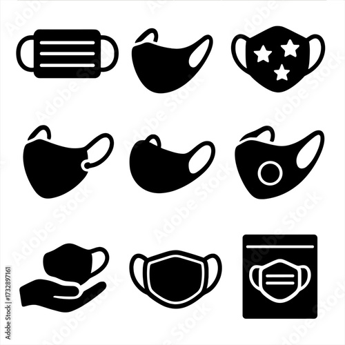 Face Mask Icons. Solid style icons of face mask variations: pleated mask, dual-layer mask, printed mask, adjustable earloops, kids