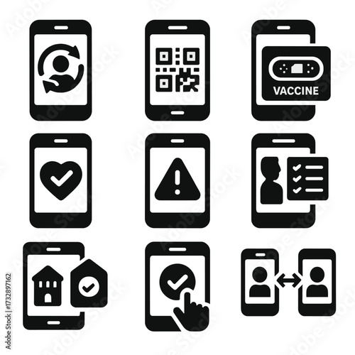 Pandemic Digital Tools Icons. Solid style icons of pandemic digital tools: contact tracing app, COVID app QR code, vaccine pass