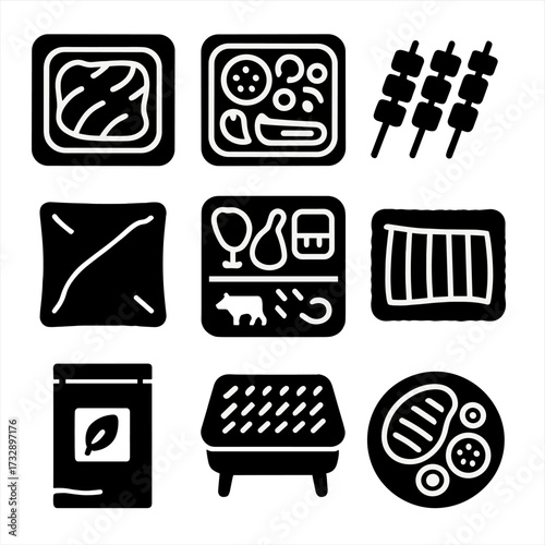 Grill-Ready Packaging Icons. Solid style icons of grill-ready packaging: marinated meat pack, labeled veggie tray, pre-skewered