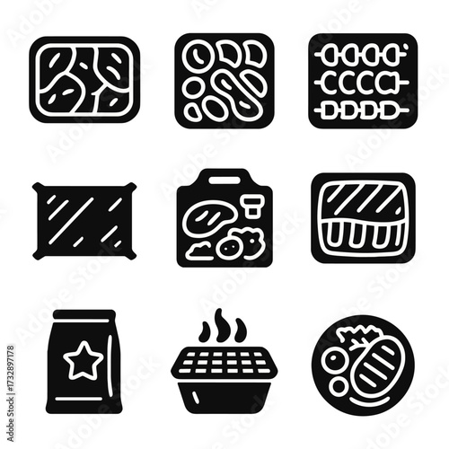 Grill-Ready Packaging Icons. Solid style icons of grill-ready packaging: marinated meat pack, labeled veggie tray, pre-skewered