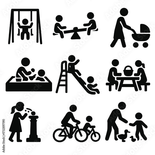 Family Park Icons. Solid style icons of family park activities: playground swing, seesaw icon, sandbox play, parent with stroller,