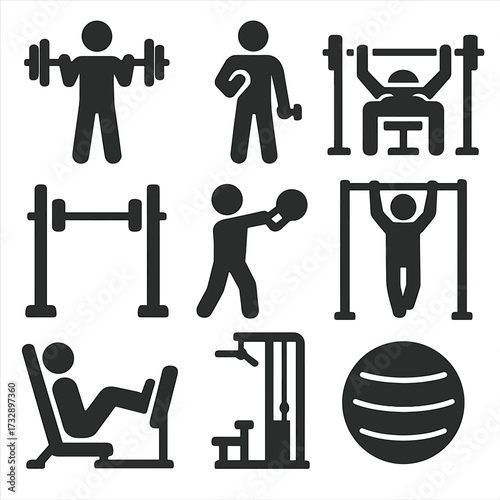 Solid Gym Icons. Solid style icons of gym workouts: barbell lift, dumbbell curl, bench press, squat rack, kettlebell swing,