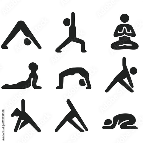 Yoga Pose Icons. Solid style icons of yoga poses: downward dog, warrior pose, tree pose, lotus sitting, cobra stretch, bridge pose