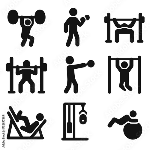 Solid Gym Icons. Solid style icons of gym workouts: barbell lift, dumbbell curl, bench press, squat rack, kettlebell swing,