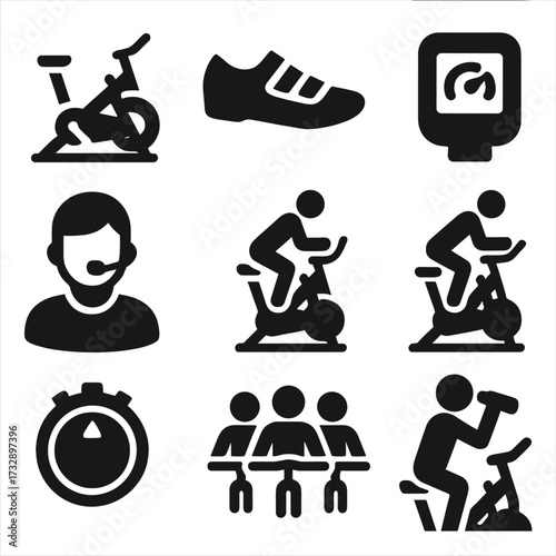 Indoor Cycling Icons. Solid style icons of indoor cycling: spin bike, cycling shoes, cadence monitor, instructor with mic, seated
