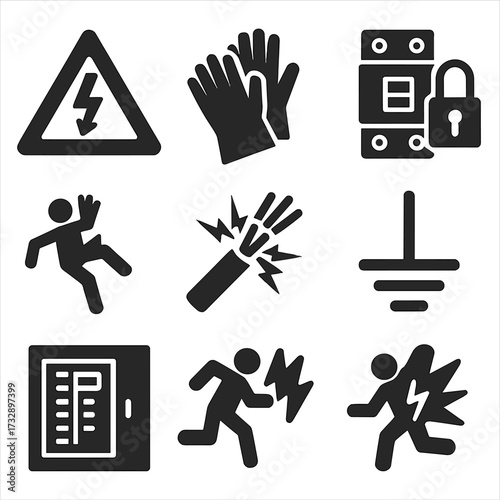 Electrical Safety Icons. Solid style icons of electrical safety: high voltage sign, insulated gloves, circuit breaker, lockout