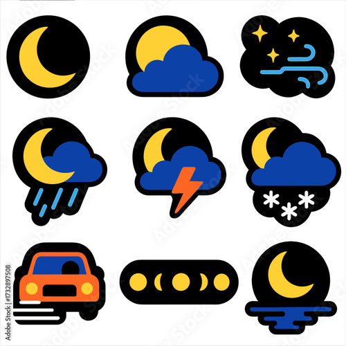 Nighttime Weather Icons. Flat vector icons of nighttime weather: crescent moon, full moon behind clouds, stars and breeze, rainy