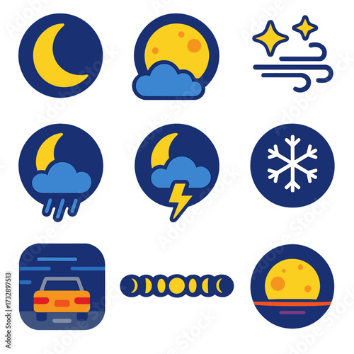 Nighttime Weather Icons. Flat vector icons of nighttime weather: crescent moon, full moon behind clouds, stars and breeze, rainy