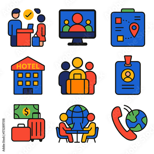 Business Travel Icons. Flat vector icons of business travel teamwork: airport check-in, remote meeting icon, travel planning board