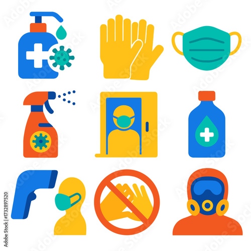 Infection Control Icons. Flat vector icons of infection control: hand sanitizer bottle, protective gloves, face mask, virus