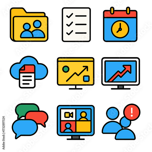 Modern Office Icons. Flat vector icons of office collaboration tools: shared folder, task checklist, calendar meeting, cloud