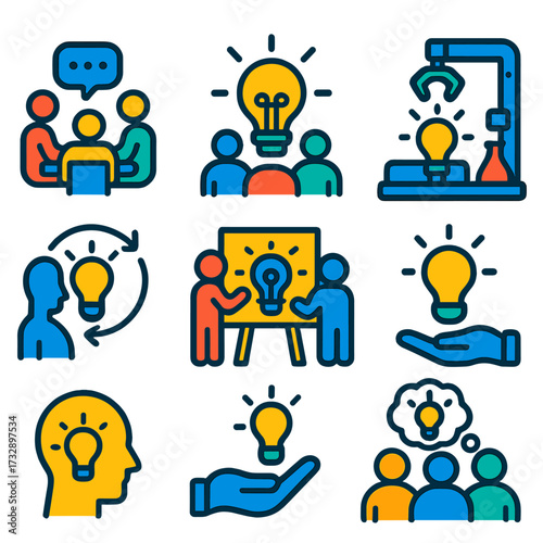 Innovative Icon Set. Flat vector icons of innovation and ideation: team brainstorming, lightbulb with people, group invention,