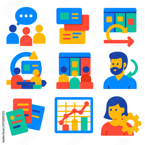 Agile Team Icons. Flat vector icons of agile and scrum teams: daily standup, sprint backlog, kanban board, sprint planning, agile