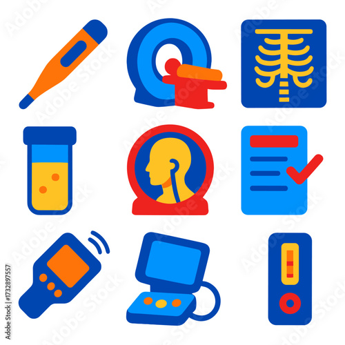 Medical Diagnostics Icons. Flat vector icons of medical diagnostics: thermometer, blood test tube, MRI scanner, X-ray image, urine