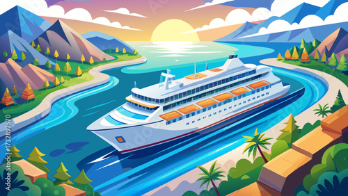 Beautiful aerial view of beautiful white cruise ship above, luxury cruise concept highlighting tourism travel on summer holiday vacation time, elegant webinar banner design with forwarder mast 