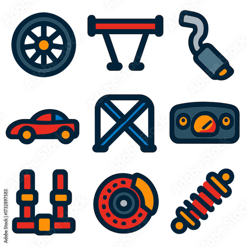 Racecar Parts Icons. Flat vector icons of racecar parts: alloy wheel, spoiler wing, exhaust pipe, aerodynamic body, roll cage,