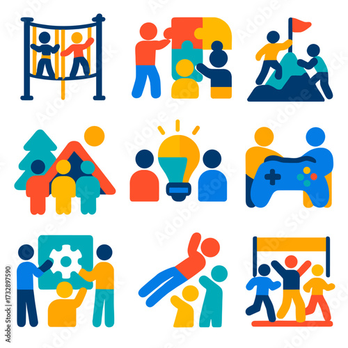 Team Building Icons. Flat vector icons of team building activities: ropes course icon, group puzzle game, shared challenge