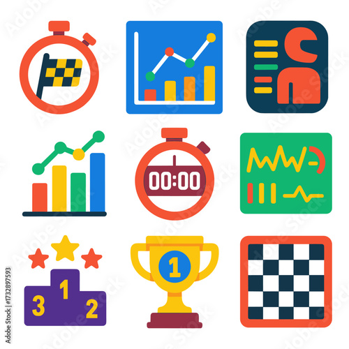 Racing Stats Icons. Flat vector icons of racing records and stats: fastest lap icon, lap chart, driver stats, sector time graph,