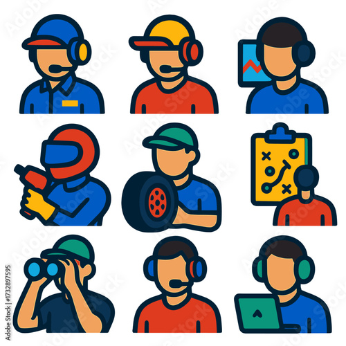 Racing Team Roles Icons. Flat vector icons of racing team roles: race engineer, crew chief, data analyst, pit crew member, tire