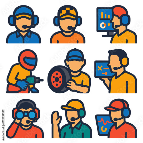 Racing Team Roles Icons. Flat vector icons of racing team roles: race engineer, crew chief, data analyst, pit crew member, tire