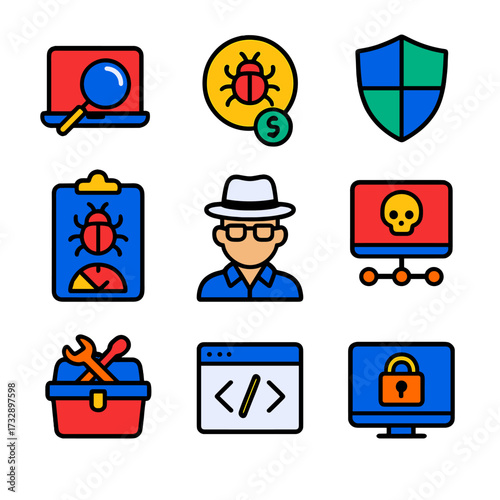 Ethical Hacking Icons. Flat vector icons of ethical hacking and testing: penetration test icon, bug bounty symbol, test shield,