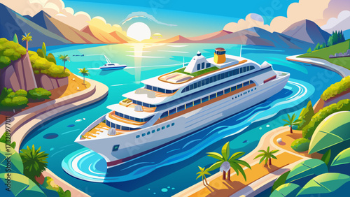 aerial view of beautiful white cruise ship above, luxury cruise concept highlighting tourism travel on summer holiday vacation time, elegant webinar banner design with forwarder mast 