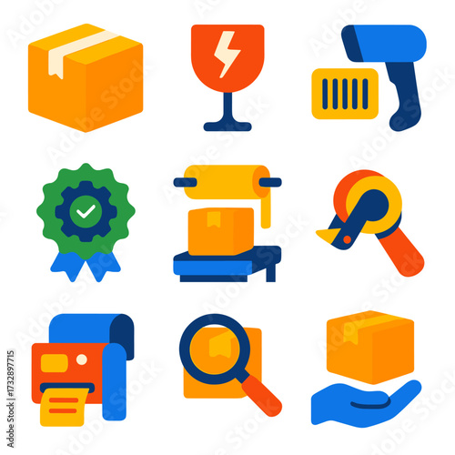 Vibrant Package Icons. Flat vector icons of package handling: sealed box, fragile item icon, barcode scan, quality check badge,