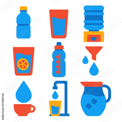 Hydration Icon Set. Flat vector icons of water and hydration: water bottle, glass of water, water cooler, lemon water, hydration