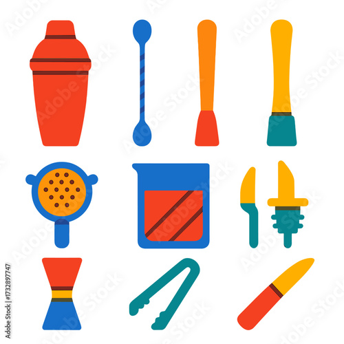 Colorful Mixology Icons. Flat vector icons of bar and mixology tools: cocktail shaker, bar spoon, muddler, strainer, mixing glass,