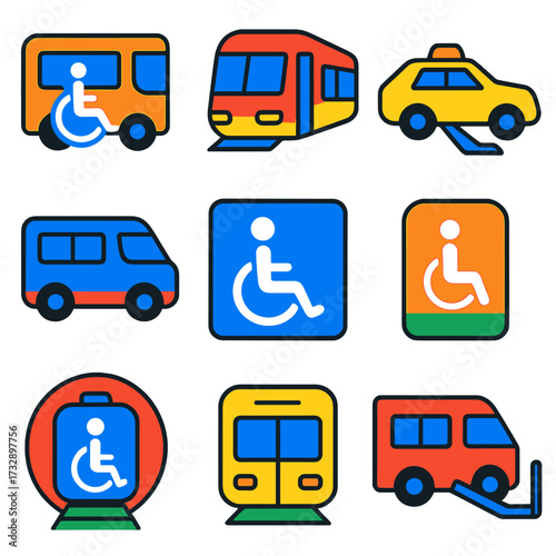 Disability-Friendly Transport Icons. Flat vector icons of disability-friendly transportation: accessible bus icon, low-floor train