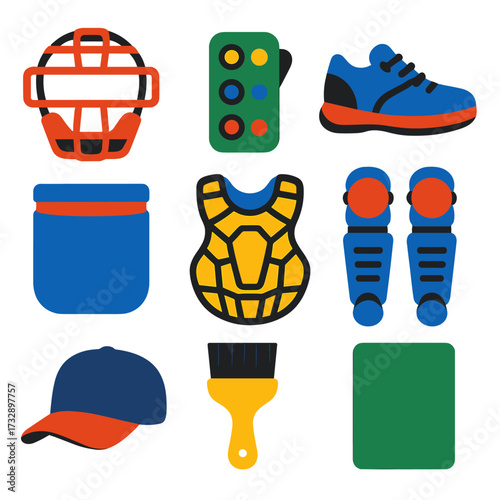 Umpire Gear Icons. Flat vector icons of umpire gear: umpire mask, indicator clicker, plate shoes, ball bag, chest protector, shin