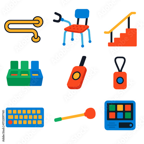 Disability Aid Icons. Flat vector icons of disability aids and tools: grab bar, reaching tool, shower chair, stair rail, pill