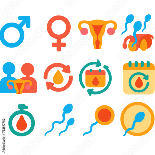 Bright Reproductive Icons. Flat vector icons of reproductive system: male symbol, female symbol, uterus and ovaries, testes and