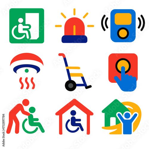 Emergency Accessibility Icons. Flat vector icons of emergency accessibility: accessible emergency exit, alert strobe light,