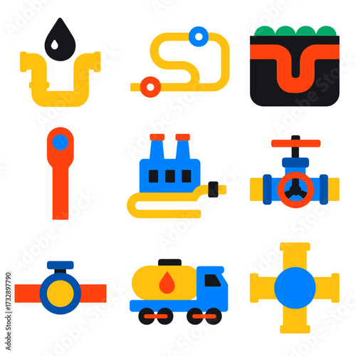 Pipeline Network Icons. Flat vector icons of pipeline network and transport: oil flow diagram, gas route map, underground pipeline
