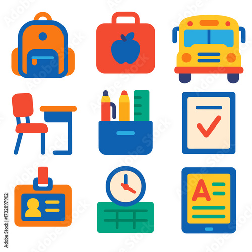 School Essentials Icons. Flat vector icons of school readiness and learning: backpack icon, lunchbox, school bus, desk and chair,