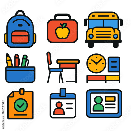School Essentials Icons. Flat vector icons of school readiness and learning: backpack icon, lunchbox, school bus, desk and chair,