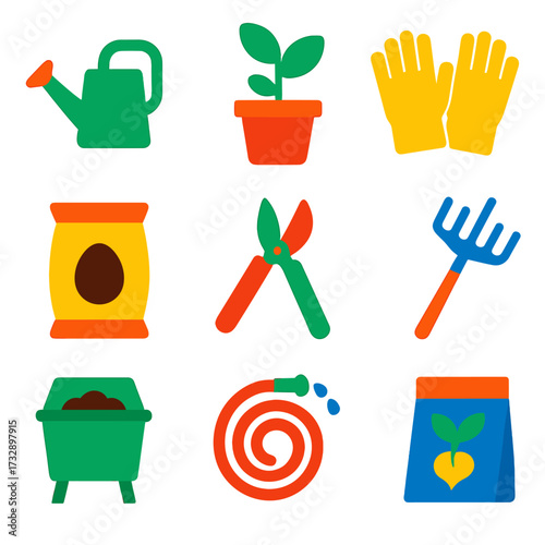 Garden Care Icons. Flat vector icons of plant and garden care: watering can, potted plant, gardening gloves, soil bag, pruning