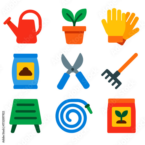 Garden Care Icons. Flat vector icons of plant and garden care: watering can, potted plant, gardening gloves, soil bag, pruning