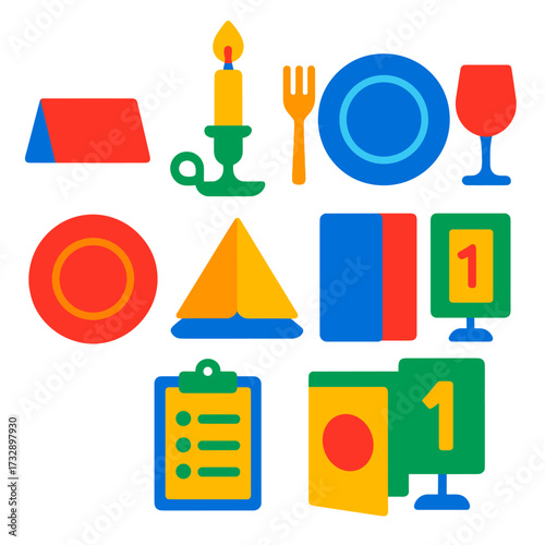 Formal Dinner Icons. Flat vector icons of formal dinner and gala items: name card, candle holder, place setting, wine glass,