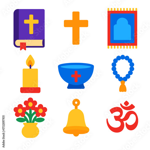 Vibrant Religious Icons. Flat vector icons of religious event items: prayer book, cross icon, prayer mat, spiritual candle, holy