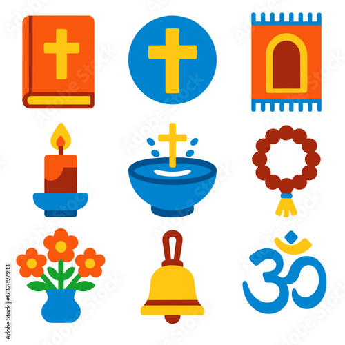 Vibrant Religious Icons. Flat vector icons of religious event items: prayer book, cross icon, prayer mat, spiritual candle, holy