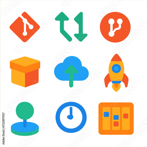 Development Workflow Icons. Flat vector icons of development workflow: Git commit icon, code merge arrows, pull request badge,