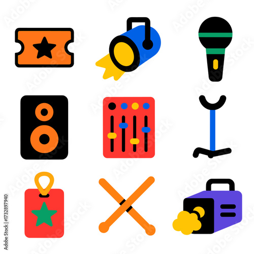 Concert Gear Icons. Flat vector icons of concert and performance gear: concert ticket, stage spotlight, microphone, speaker, sound