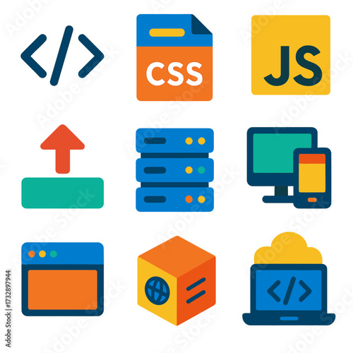 Web Development Icons. Flat vector icons of web development: HTML tag icon, CSS file, JavaScript logo, code deployment arrow,