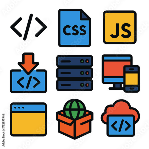 Web Development Icons. Flat vector icons of web development: HTML tag icon, CSS file, JavaScript logo, code deployment arrow,