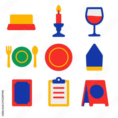 Formal Dinner Icons. Flat vector icons of formal dinner and gala items: name card, candle holder, place setting, wine glass,