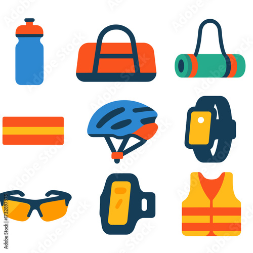 Bold Sport Icons. Flat vector icons of outdoor and sport accessories: water bottle, gym bag, sweatband, yoga mat strap, sports