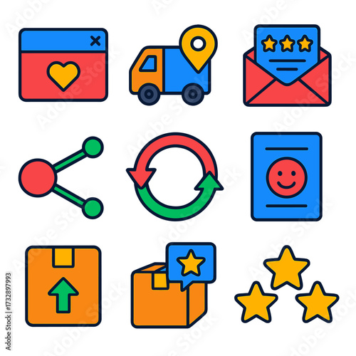 Post-Purchase Icons. Flat vector icons of post-purchase experience: thank you pop-up, order tracking icon, review request email,