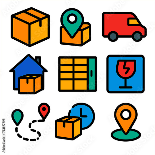 Vibrant Delivery Icons. Flat vector icons of delivery and fulfillment: shipping box, package tracker, courier van, home delivery